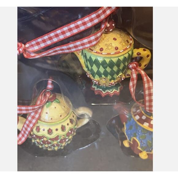 Mary Engelbreit Teapots Christmas Ornaments Set of 3 Boxed Holiday Decor NIB - Picture 2 of 3
